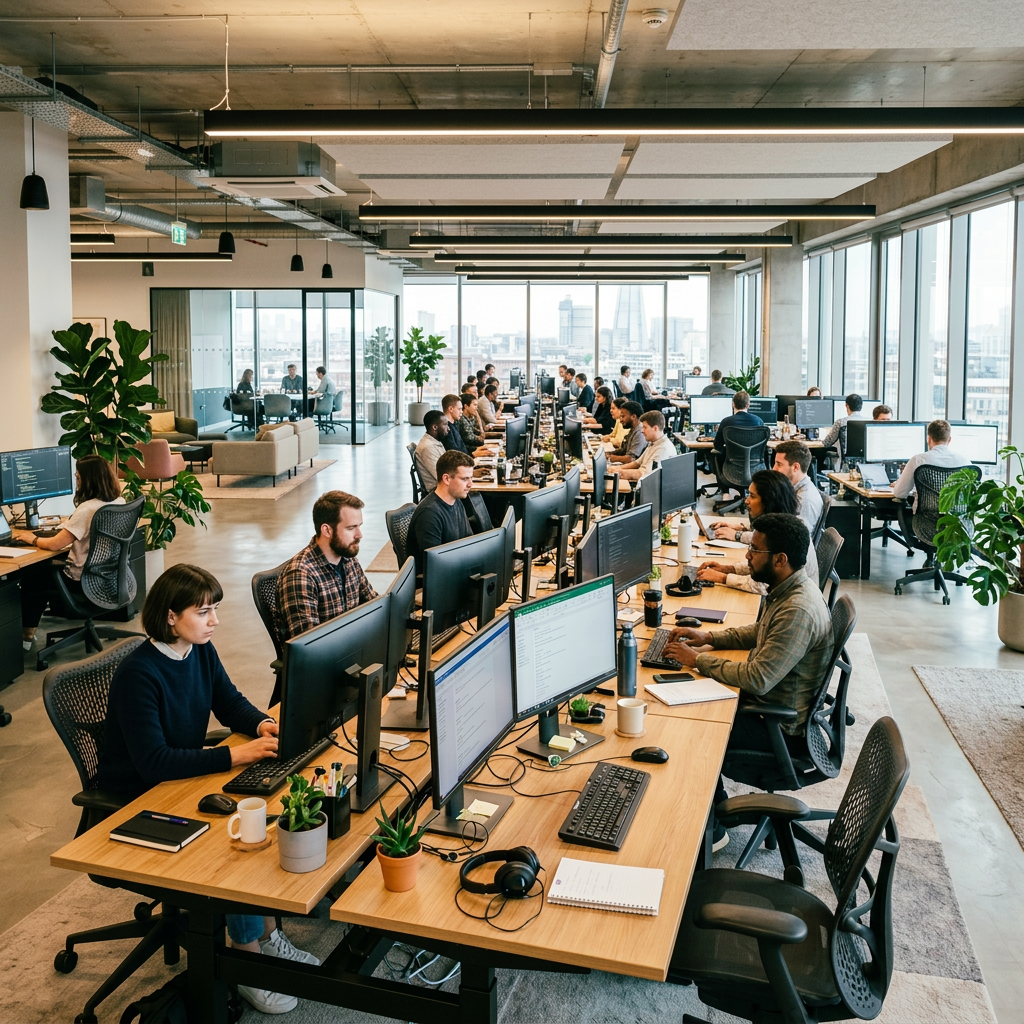 Open-plan office with rows of desks, computers, and employees working