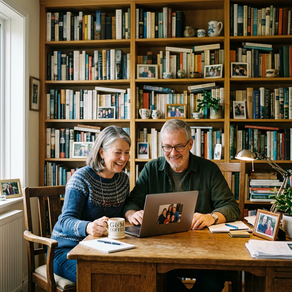 Middle-aged couple sitting at a wooden table using a laptop in a home library