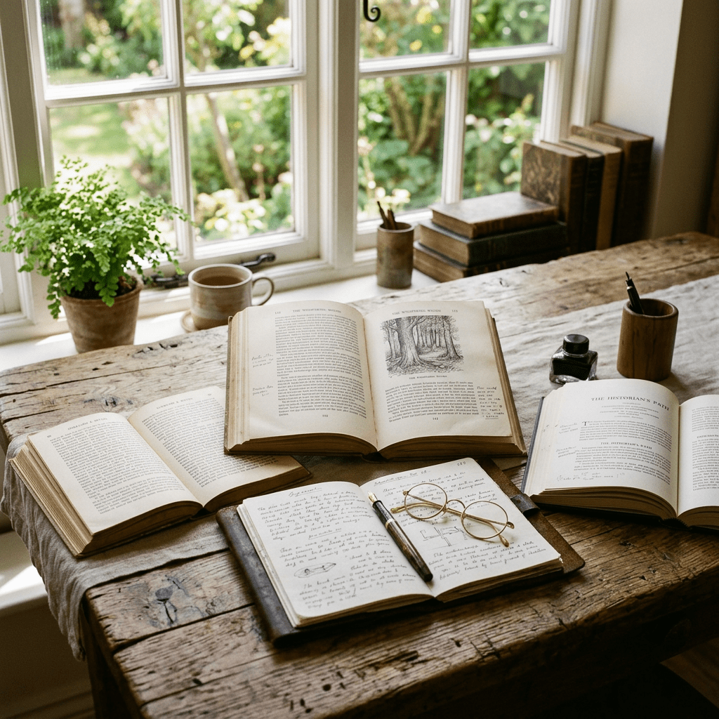 Open books, handwritten notes, pen, glasses, and ink on a wooden desk by a window
