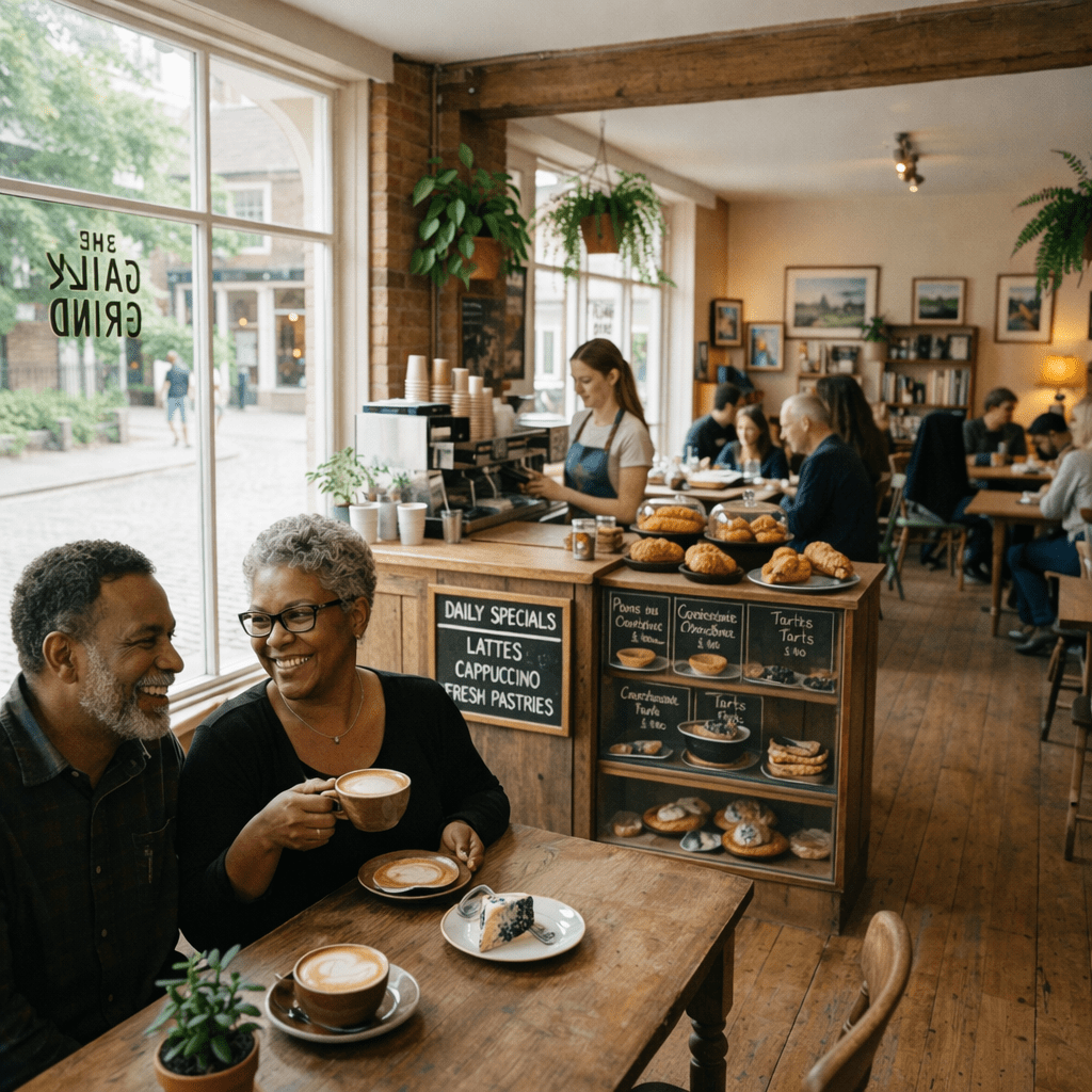 Cafe interior with customers drinking coffee and eating pastries